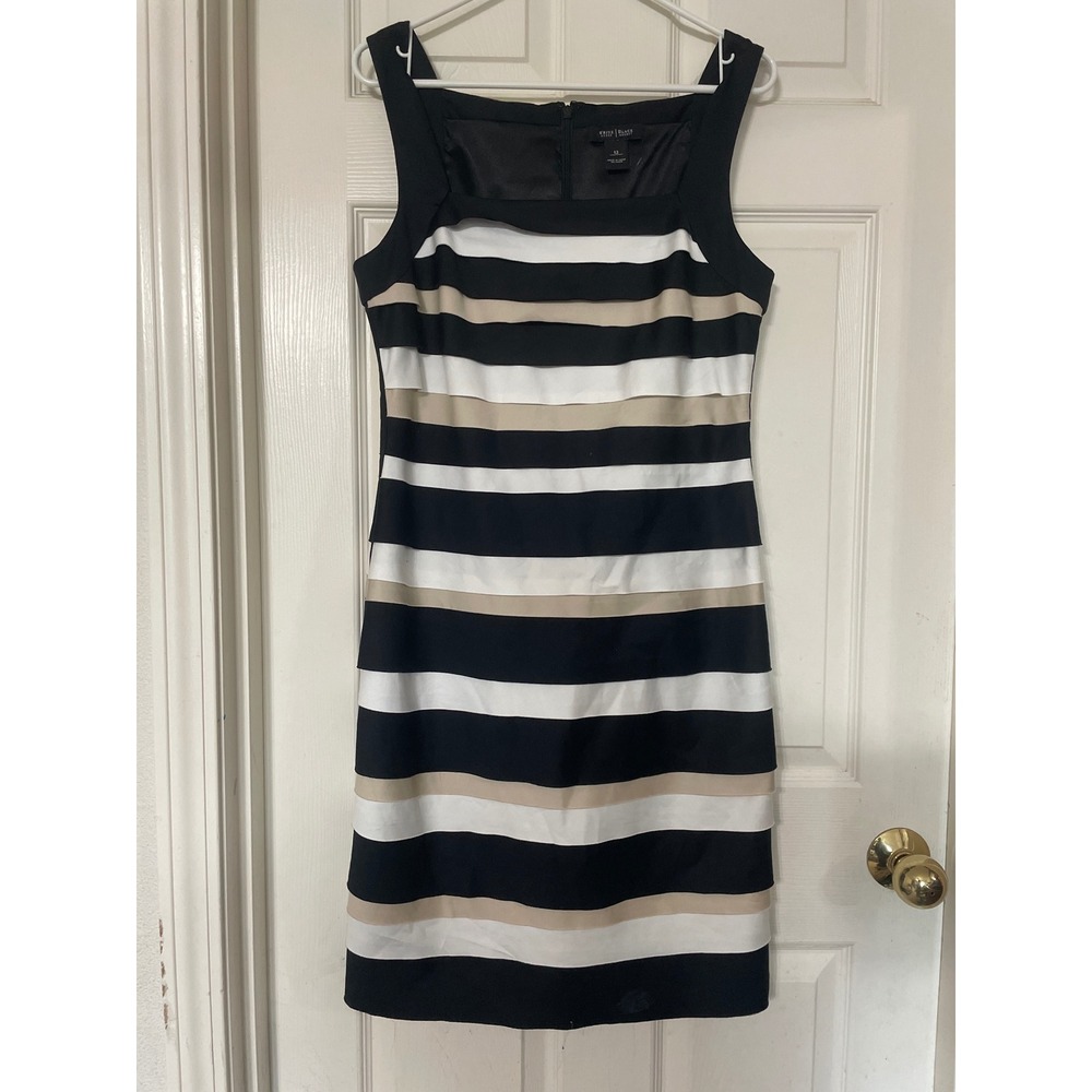 White House Black Market Striped Sheath Dress Size 12 Black White Tan Sleeveless